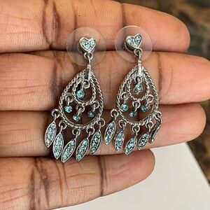 Silver Toned Blue Crystal Chandelier Earrings